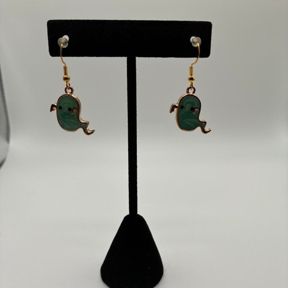 925 Sterling Silver Green Ghost Dangle Earrings Gold Accents Spooky Halloween